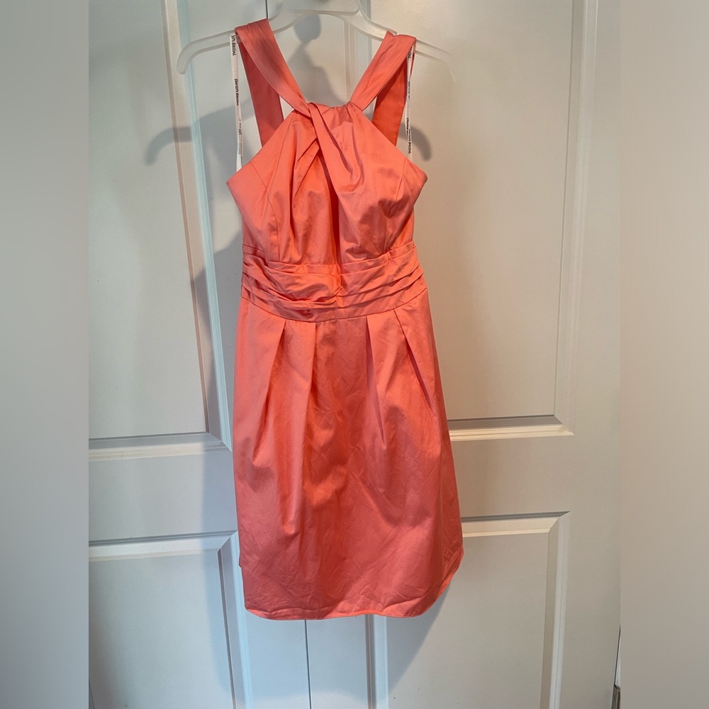 Short Coral Dress with Pockets, bridesmaid, David’s bridal.